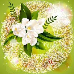 Vector fresh green abstract spring background with flowers
