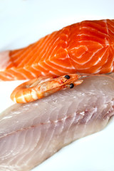 Poisson, aliment, cuisine, saumon, cabillaud, crevetye