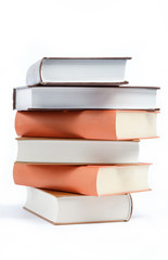 A stack of books on a white background.