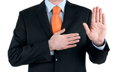 young businessman oath Truth on white background