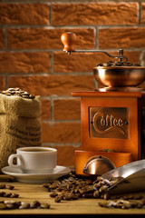 composition of coffee on the brick wall