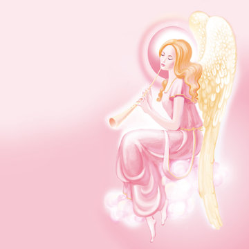 Pink Angel On A Pink Background With A Flute