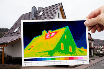 thermal imaging of a detached house - obrazy, fototapety, plakaty