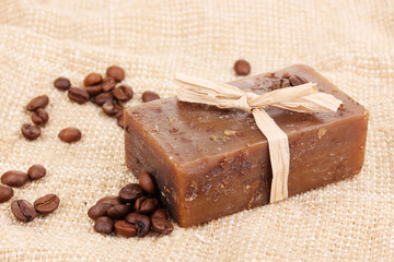 Hand-made soap on sackcloth