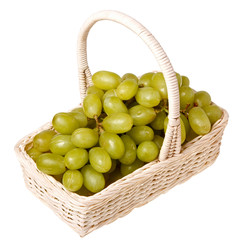 Fresh grapes in a basket isolated on white background.
