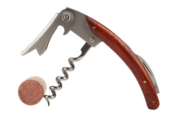 Corkscrew with cork on white background