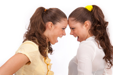 Gemini sisters quarrel on a white background