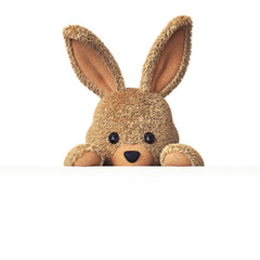 Stuffed bunny peeking behind blank board - horizontal