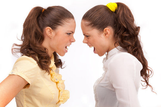 Gemini sisters quarrel on a white background