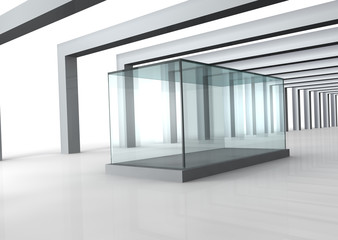 Empty glass showcase in grey room with columns