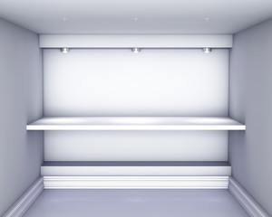 3d empty niche with shelf and spotlights for exhibit in the grey