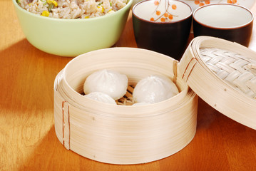 Pork dumplings in bamboo basket