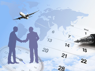 composite of calendar and world map and airplane.