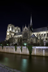 Notre-Dame cathedral and Seine river by night