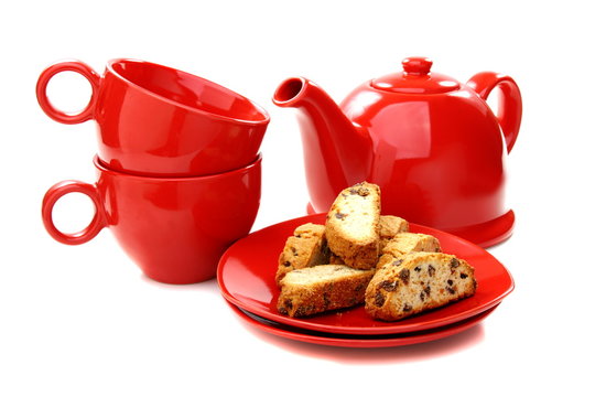 Crackers With Chocolate And Red Tea Set.