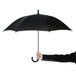 Human hand holding an umbrella isolated on white background