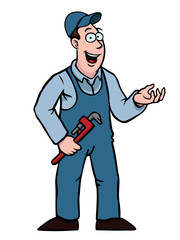 Plumber in overall with a wrench showing something