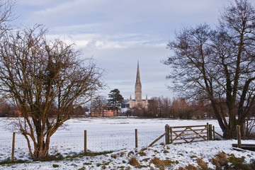 Salisbury cathedral in the snow