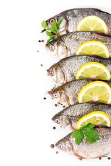 Fresh fishes with lemon, parsley and spice isolated on white