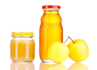 Jar of baby puree and juice with apple isolated on white
