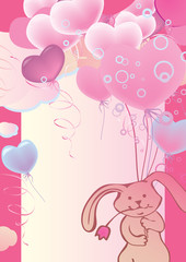 Funny cute rabbit flying on balloons.