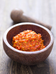 close up of a bowl of fermented shrimp paste