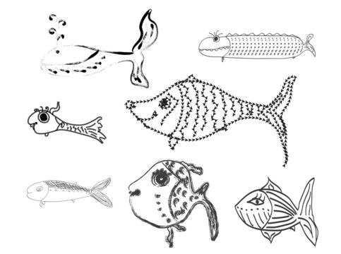 Cartoon set of bright and funny fish swimming