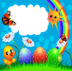 Foto op Plexiglas Pasen achtergrond met ei en grappige kip en regenboog © Olga Naidenova