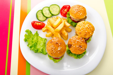 Burgers with french fries in plate