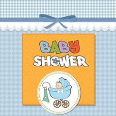 baby boy announcement card with baby and pram