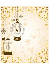 Papier Peint photo Lavable Oiseaux en cages fond avec des cages à oiseaux ornementales et des oiseaux