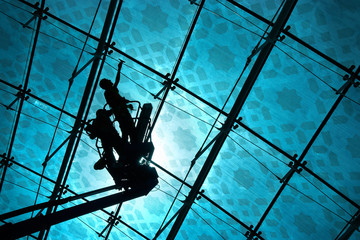 Window cleaners washing glass in sun light © monstersparrow