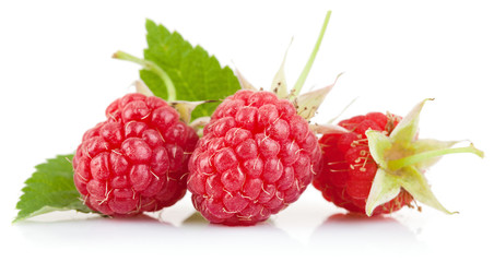 set raspberry with green leaf isolated on white background