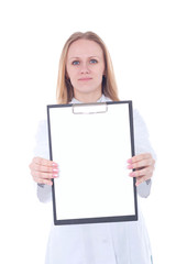 Young woman doctor showing empty blank clipboard sign