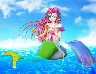 Cartoon afbeelding van een zeemeermin met een dolfijn