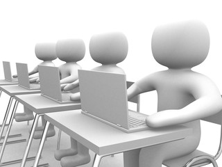 3d small person - operators sitting at laptops. 3d image