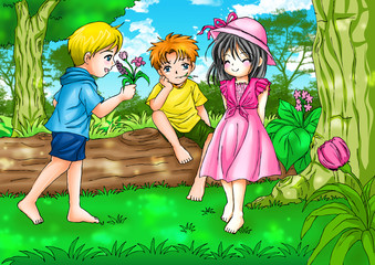 Cartoon illustration of two boys with a girl
