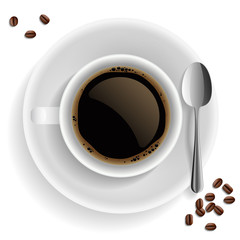Cup of black coffee with coffee grain and spoon. - 39700494