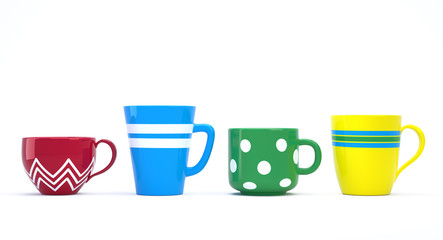 Colorful ceramic cups. Clipping paths. 3D image