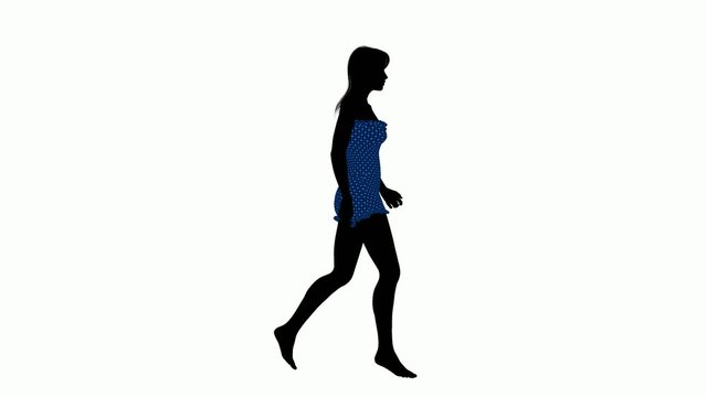 female wearing a swimsuit walking on a white background