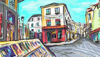 Papier Peint photo Lavable Café de rue dessiné Rue de paris - illustration