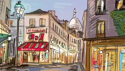 Papier Peint photo Lavable Café de rue dessiné Rue de paris - illustration