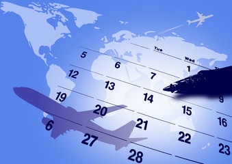 composite of calendar and world map and airplane. vector file