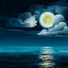 Papier Peint photo Lavable Ciel Lune jaune et mer