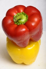Yellow and red pepper with some droplets of water