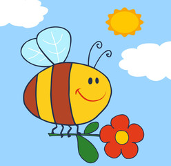 Happy Bee Flying With Flower In Sky