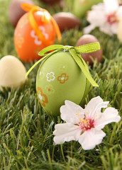 painted colorful easter egg on green grass