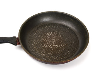 Dirty old frying pan on white background