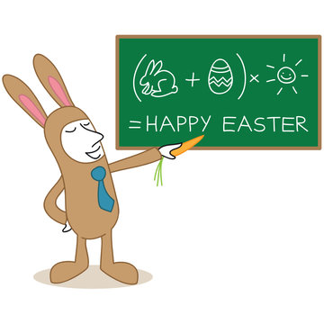 Gesch&auml;ftsmann, verkleidet als Osterhase, Tafel