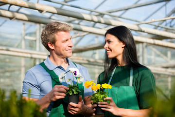 Female and male gardener in market garden or nursery